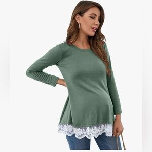 Women's Dressy Maternity Top Size Medium Green Lace Hem Top long sleeve